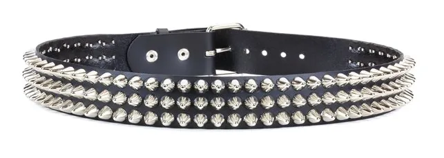 3 Row British Tall Cone Stud Black Leather Belt