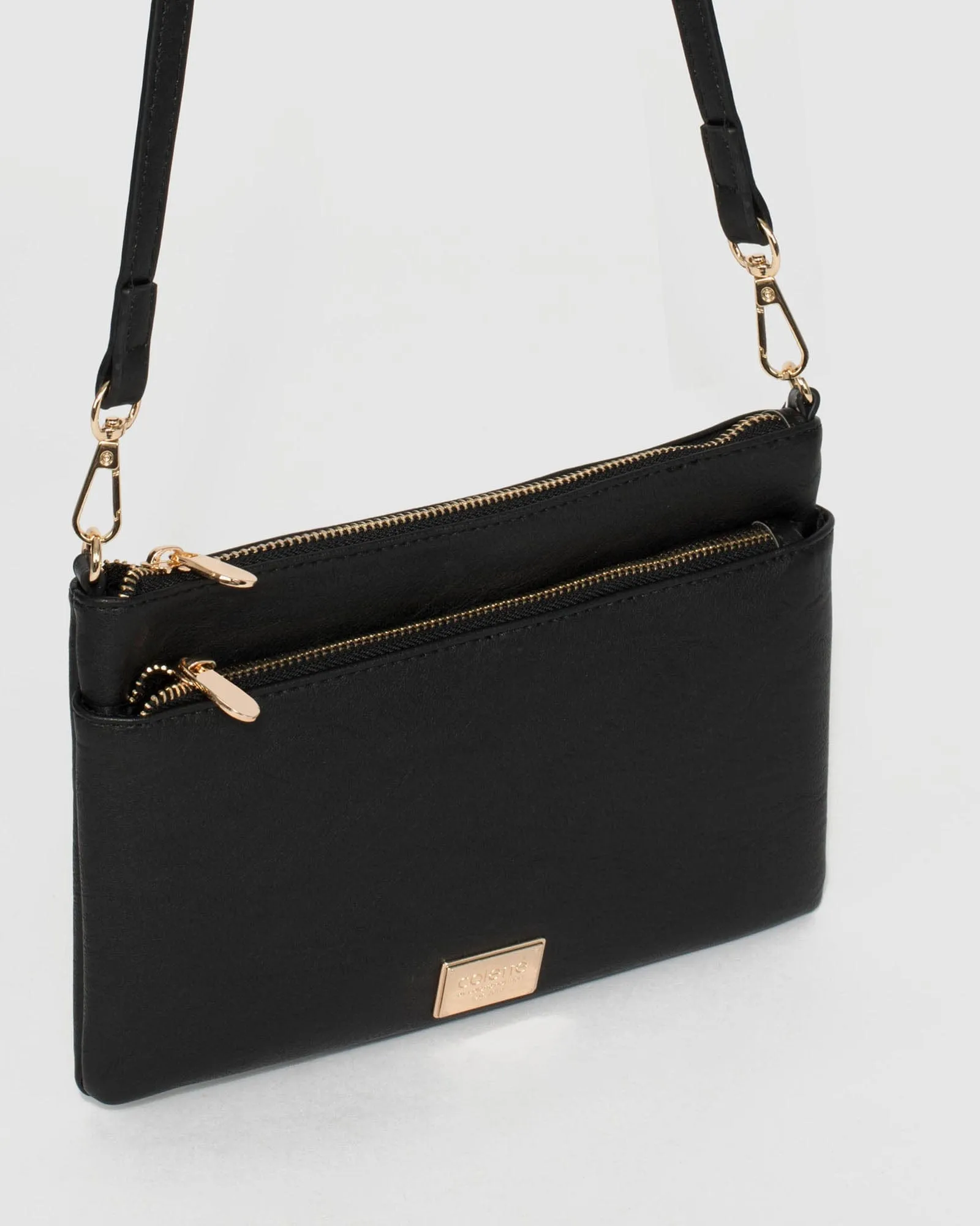 Black Demi Double Crossbody Bag With Gold Hardware