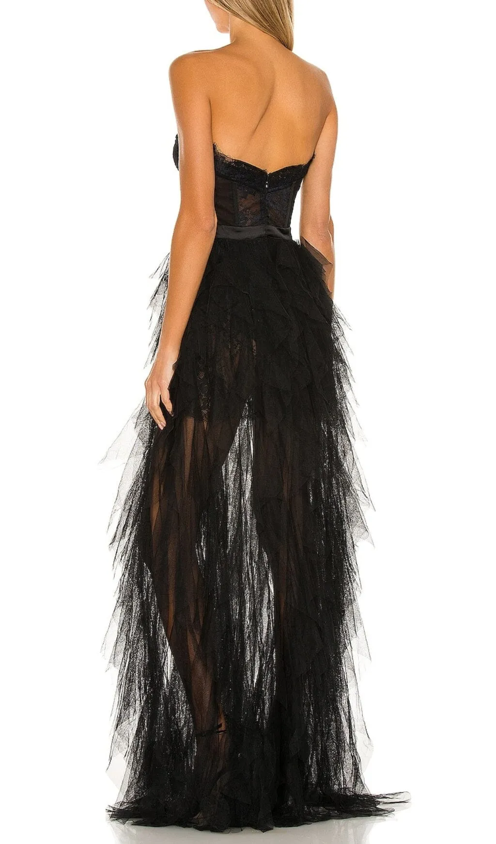 BLACK STRAPLESS LACE PATCHWORK MESH MAXI DRESS