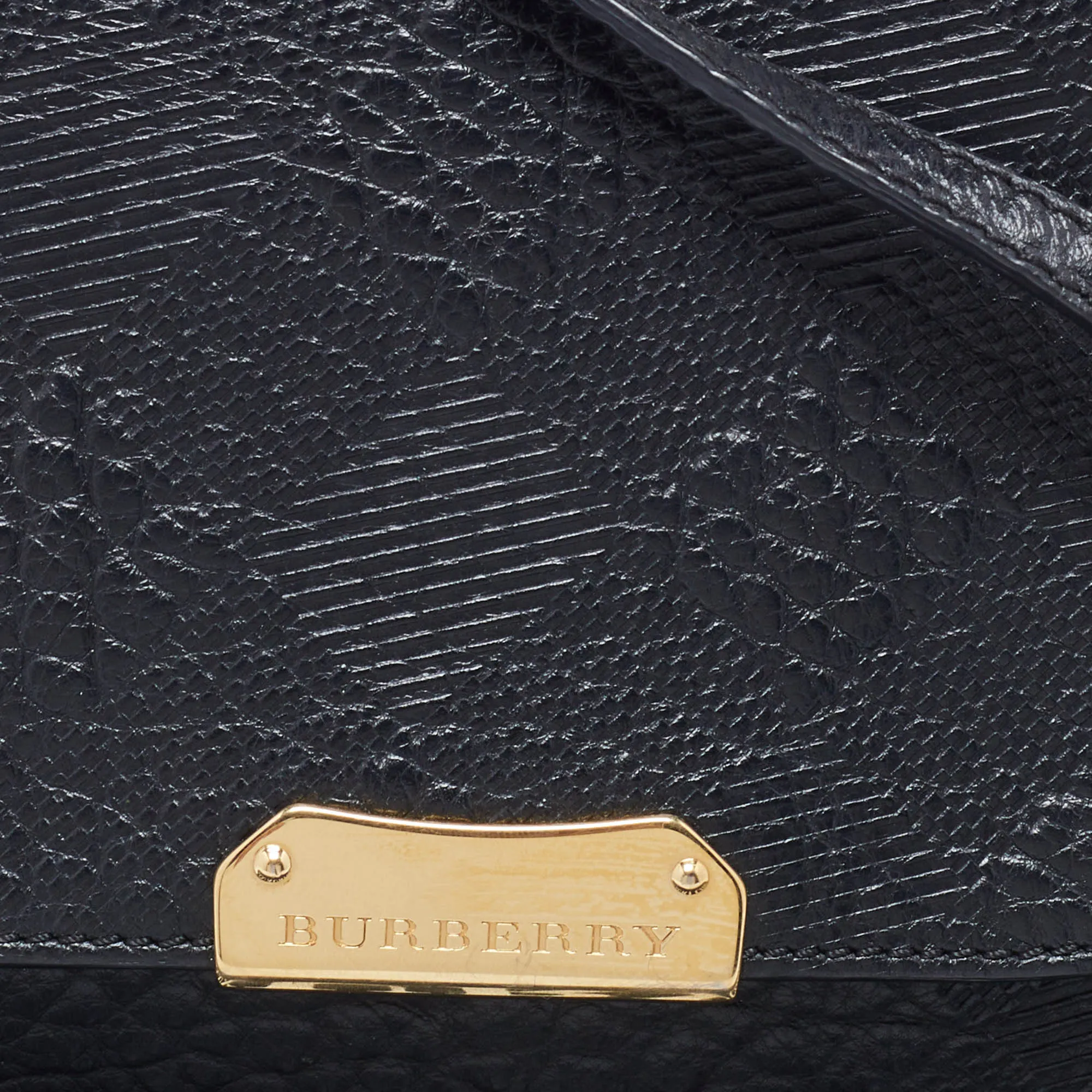 BURBERRY Black Embossed Check Leather Small Langley Crossbody Bag