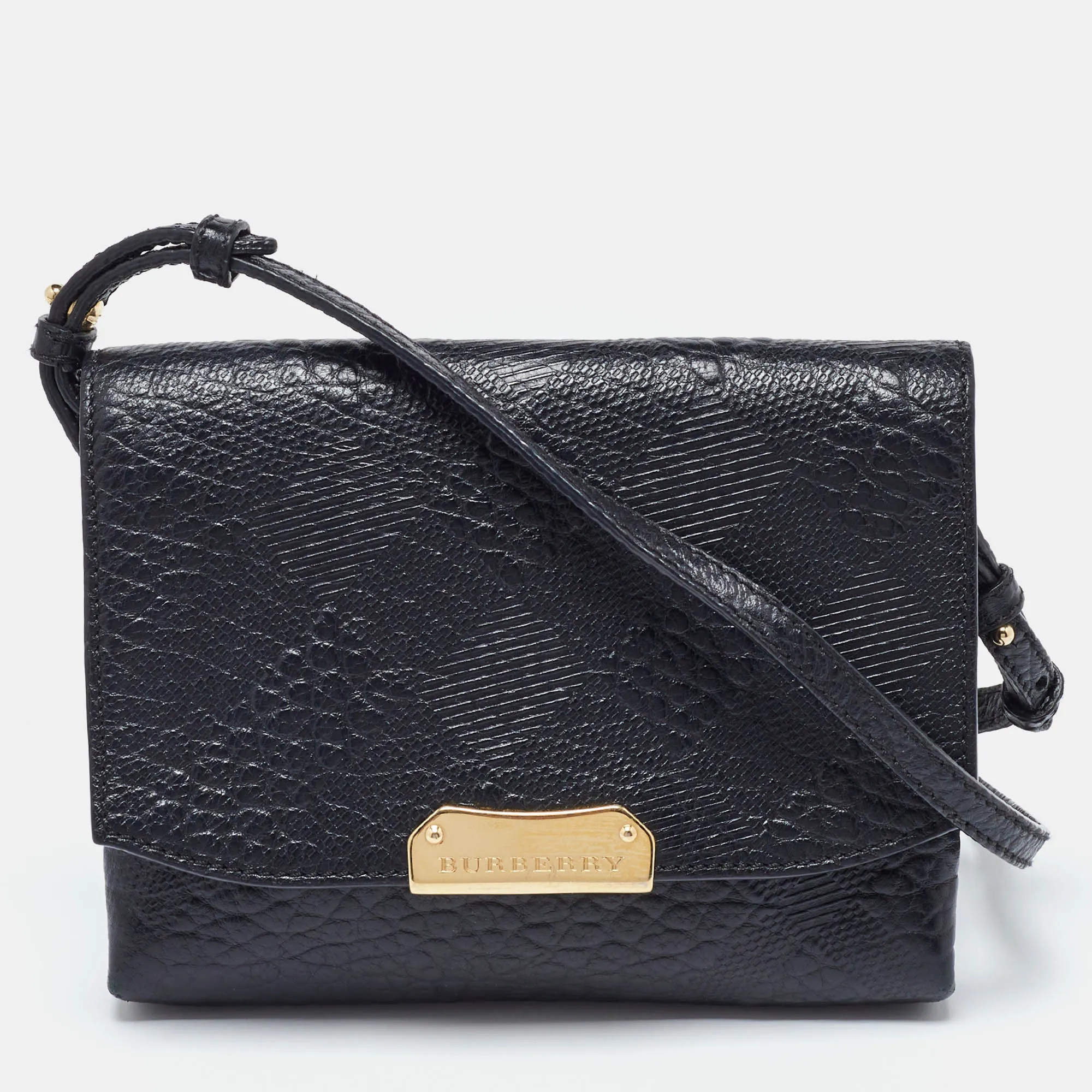 BURBERRY Black Embossed Check Leather Small Langley Crossbody Bag