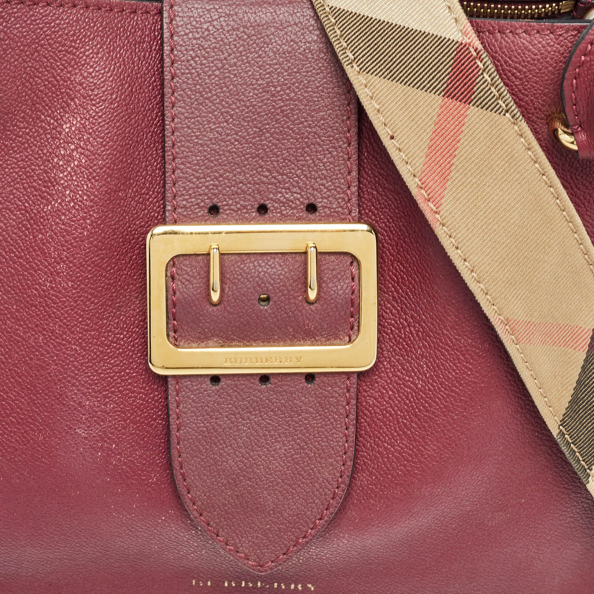 BURBERRY Burgundy Leather Buckle Tote