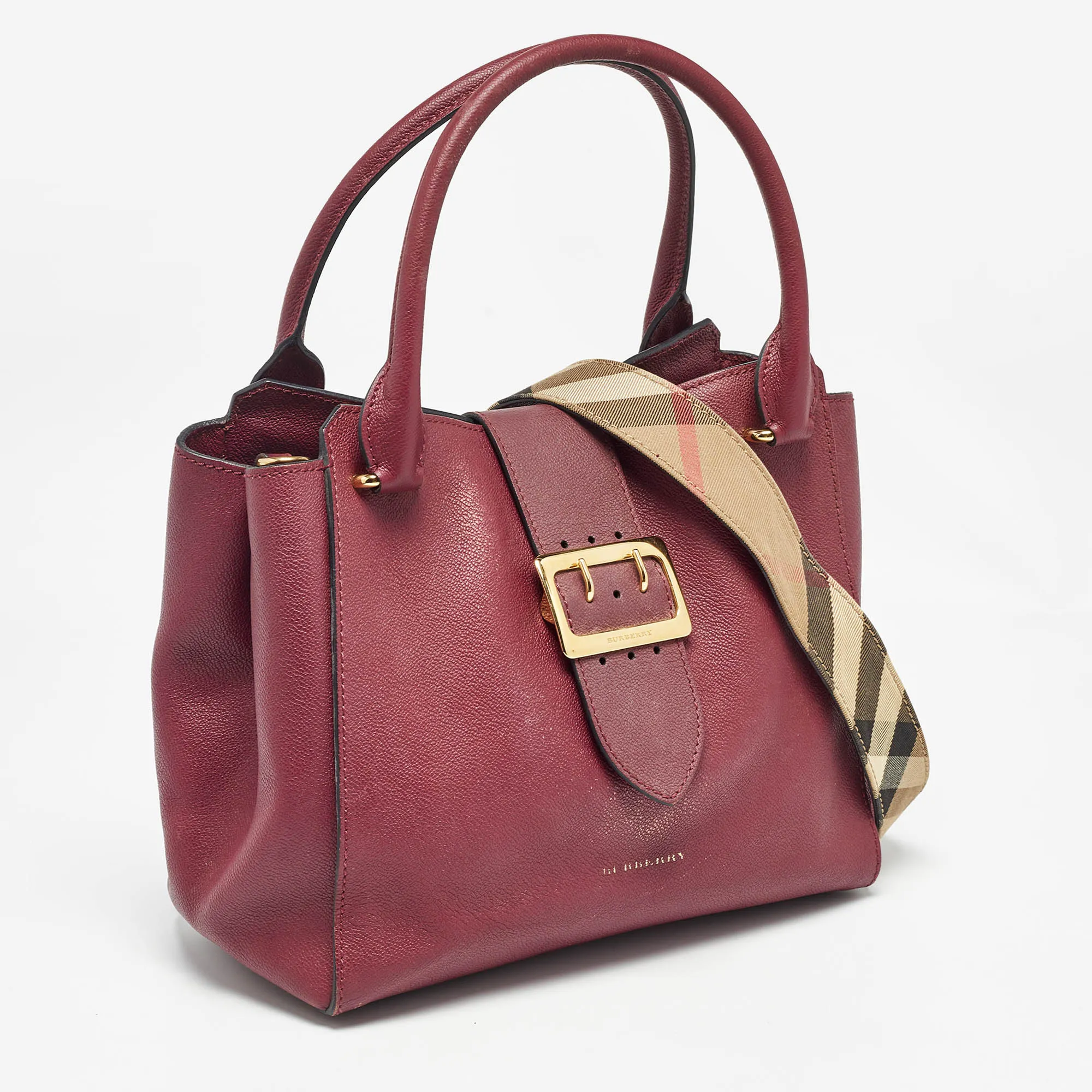 BURBERRY Burgundy Leather Buckle Tote