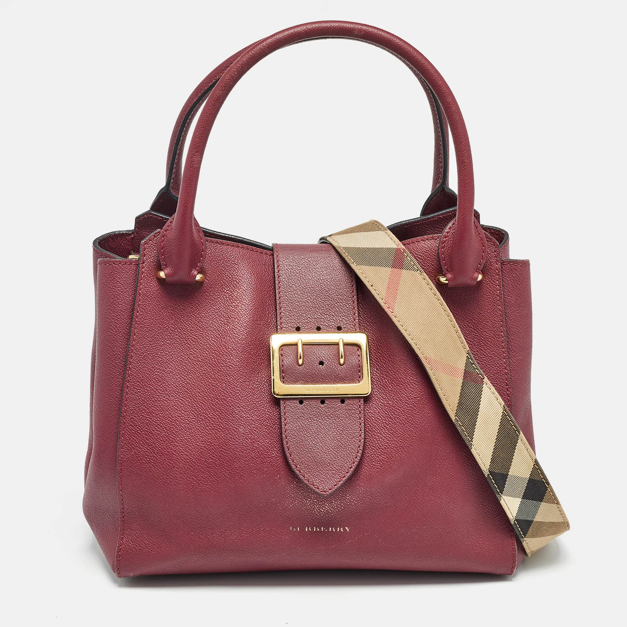 BURBERRY Burgundy Leather Buckle Tote