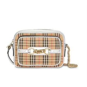 Burberry Camera Vintage Check Link Silver Canvas Cross Body Bag