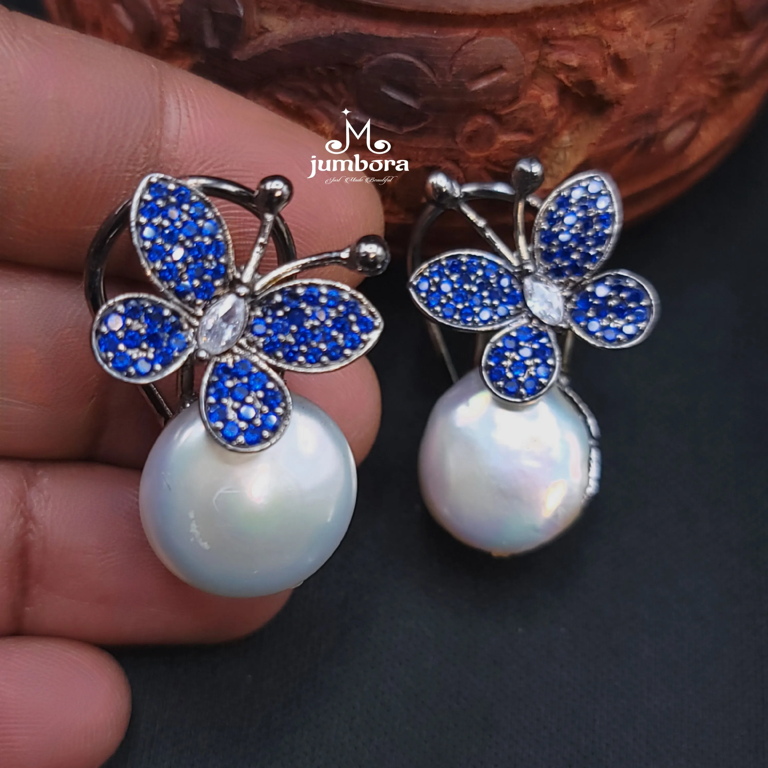 Butterfly Baroque Pearl Blue AD Zircon Victorian (CZ) Earring