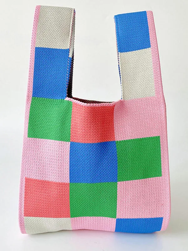 Checkerboard Contrast Color Woven Bags Handbags