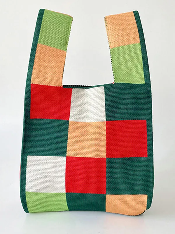 Checkerboard Contrast Color Woven Bags Handbags