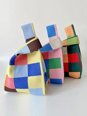 Checkerboard Contrast Color Woven Bags Handbags