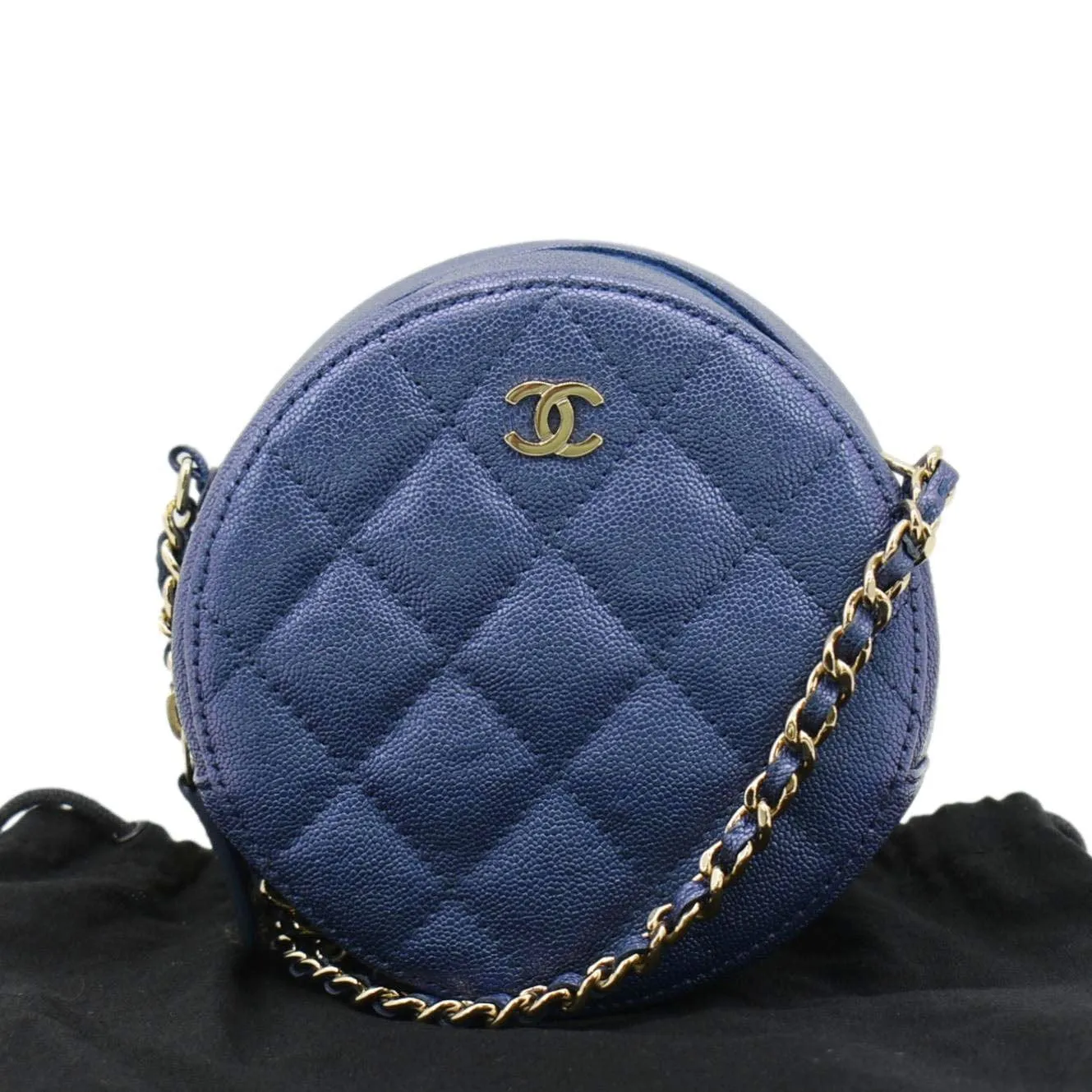 CL Round Clutch with Chain Mini Quilted Iridescent Caviar Leather Crossbody Bag Shiny Blue