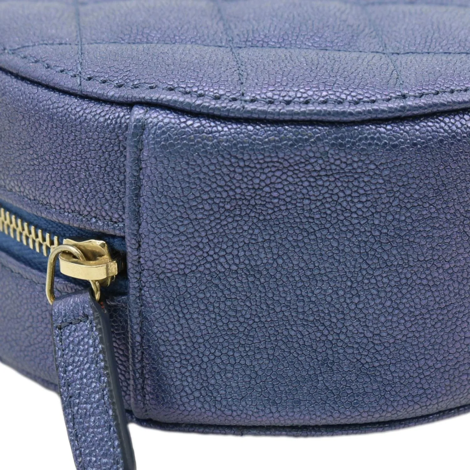 CL Round Clutch with Chain Mini Quilted Iridescent Caviar Leather Crossbody Bag Shiny Blue