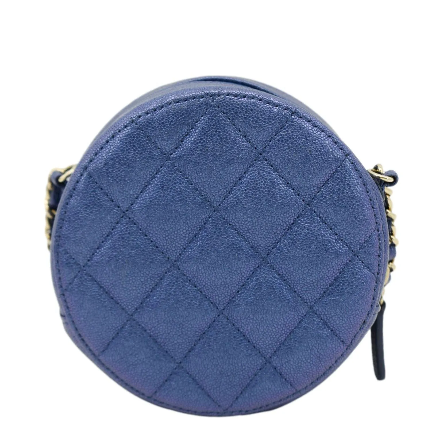 CL Round Clutch with Chain Mini Quilted Iridescent Caviar Leather Crossbody Bag Shiny Blue