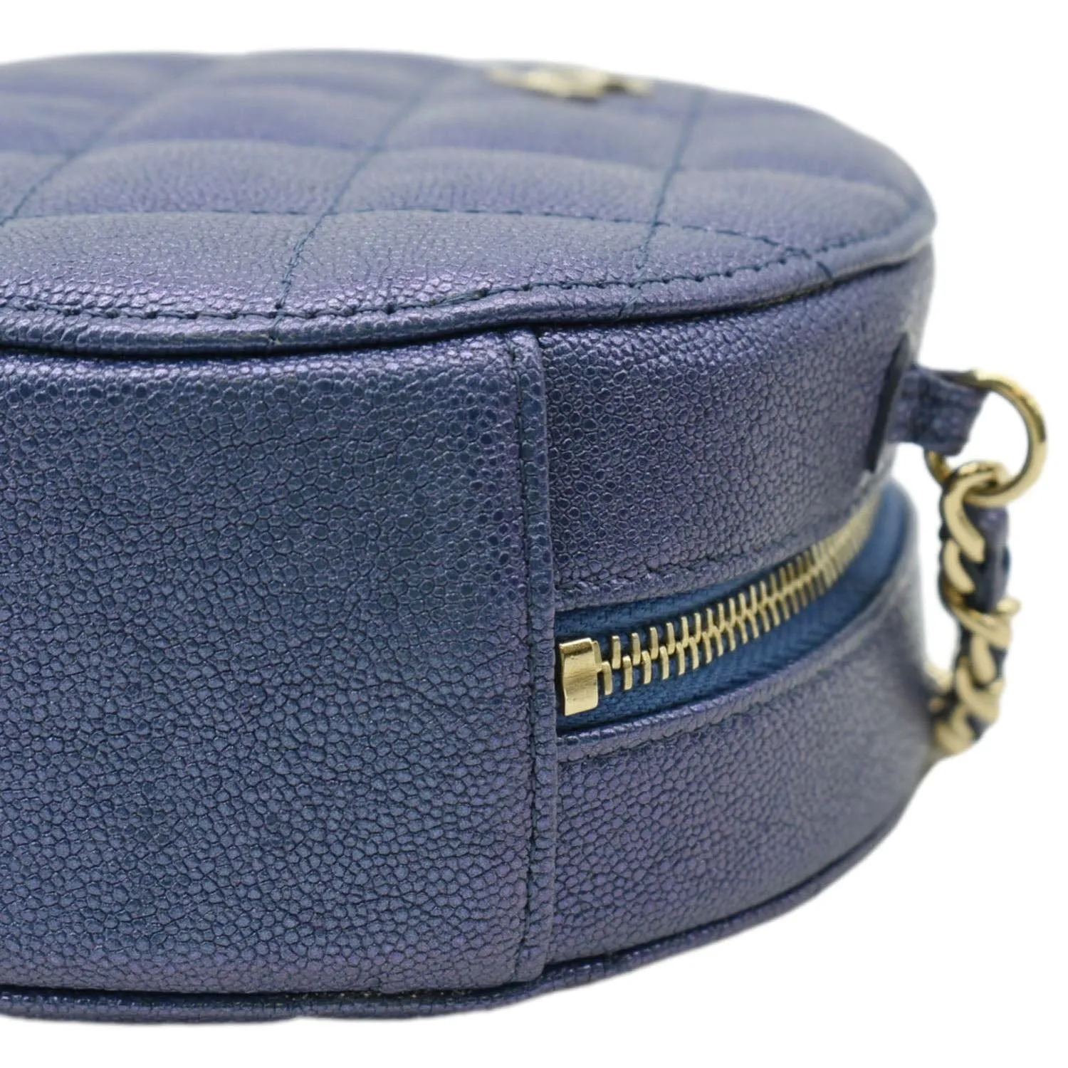 CL Round Clutch with Chain Mini Quilted Iridescent Caviar Leather Crossbody Bag Shiny Blue