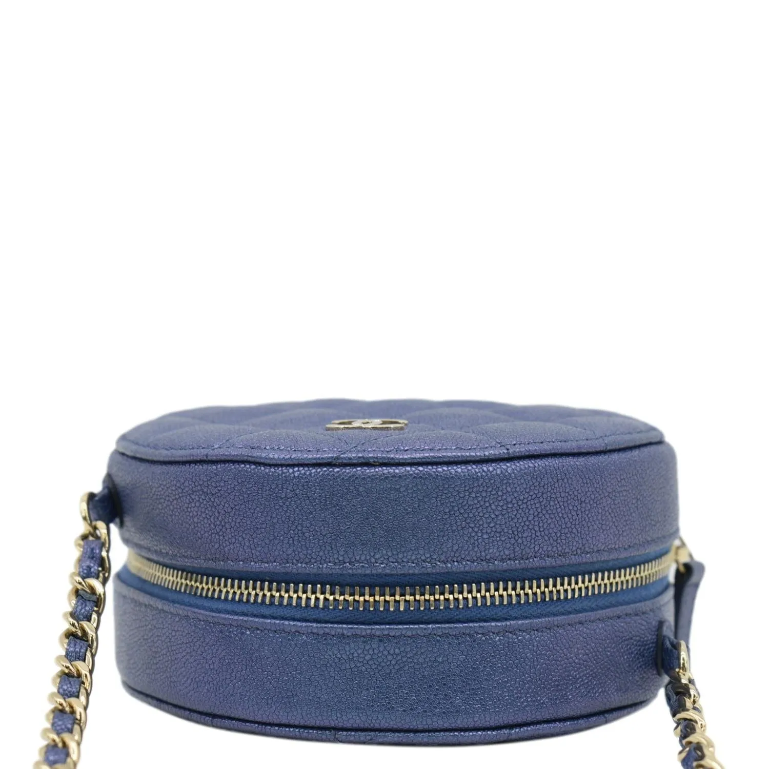 CL Round Clutch with Chain Mini Quilted Iridescent Caviar Leather Crossbody Bag Shiny Blue