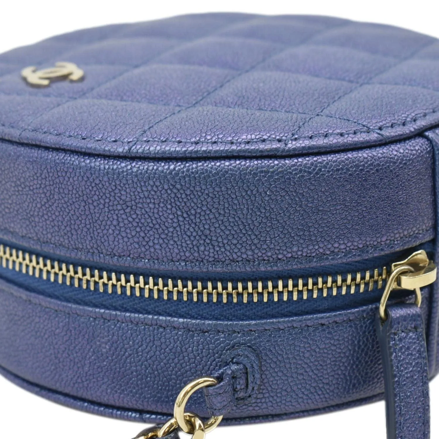 CL Round Clutch with Chain Mini Quilted Iridescent Caviar Leather Crossbody Bag Shiny Blue