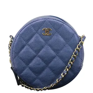 CL Round Clutch with Chain Mini Quilted Iridescent Caviar Leather Crossbody Bag Shiny Blue