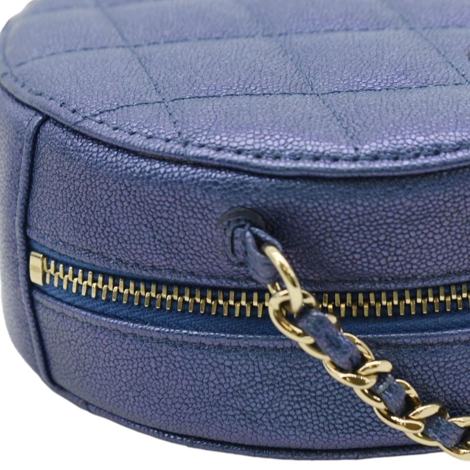 CL Round Clutch with Chain Mini Quilted Iridescent Caviar Leather Crossbody Bag Shiny Blue