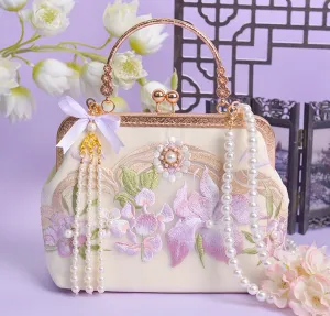 Cottagecore Embroidery  Pearl Chain Hand Bag