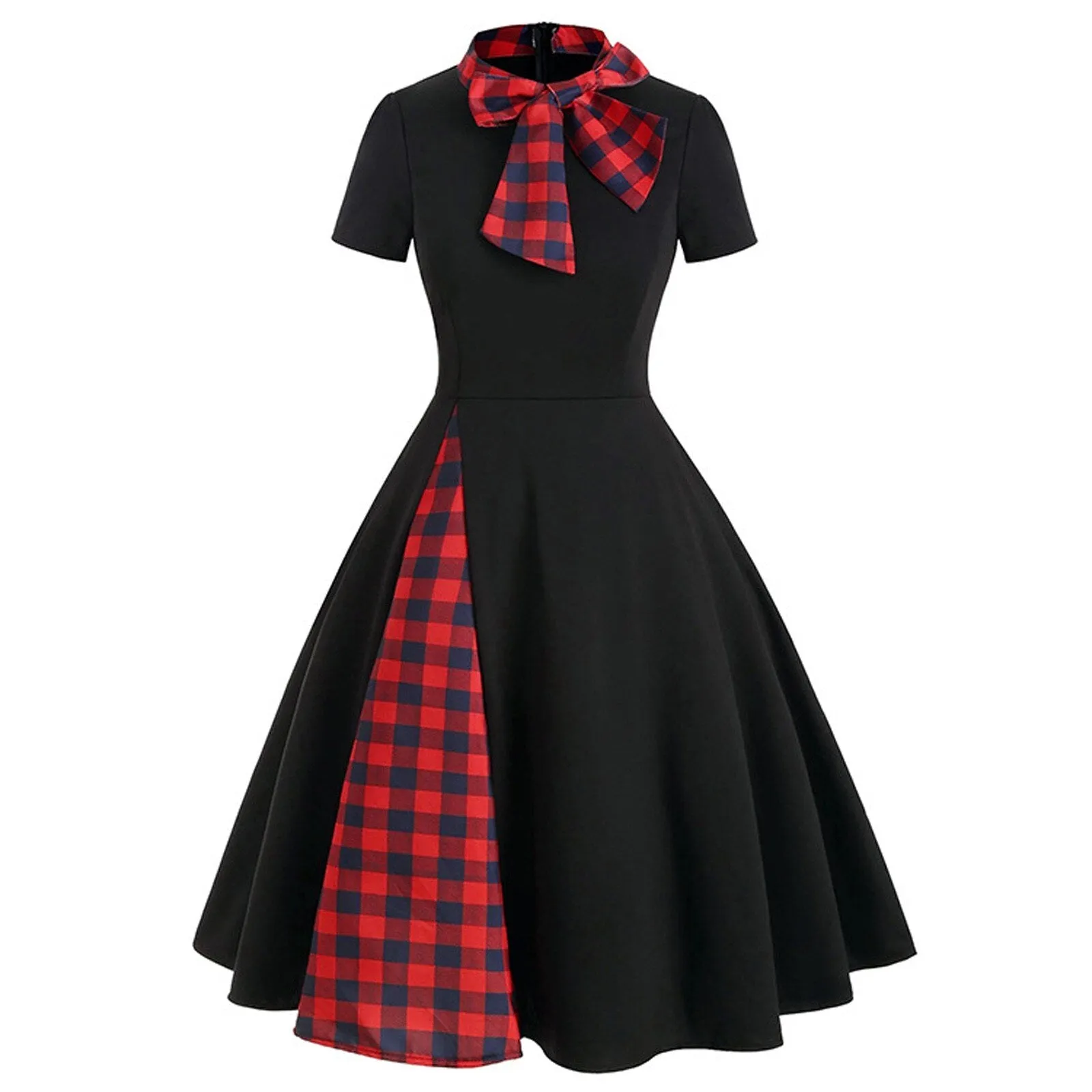 DressBetty - Plaid Patchwork Bow Collar Zipper Short Sleeve Vintage Christmas Costume Retro Office Party Midi Dress