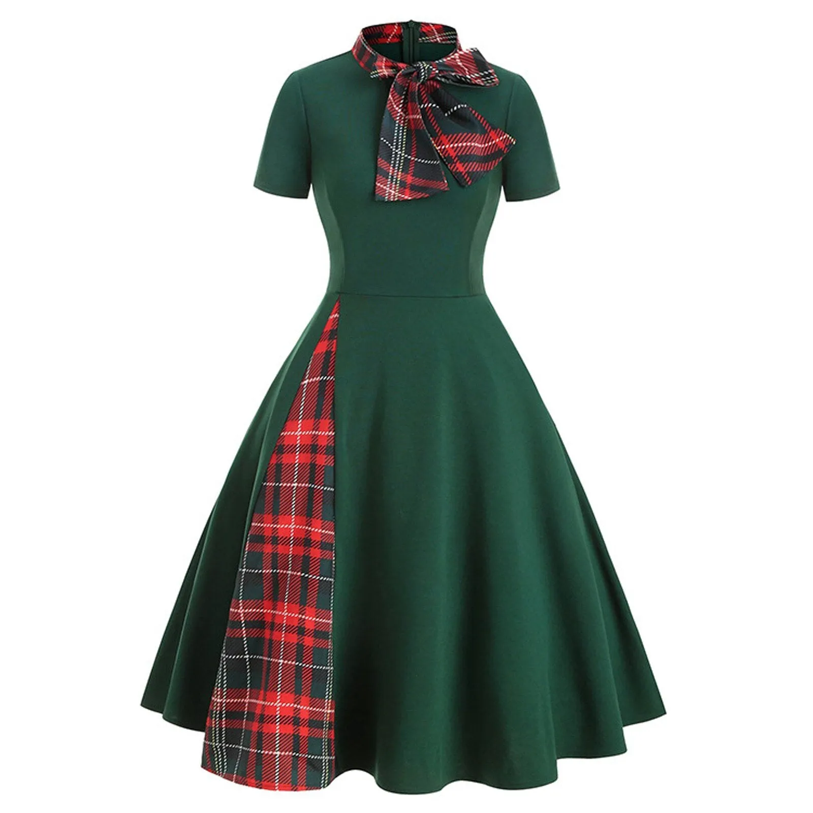 DressBetty - Plaid Patchwork Bow Collar Zipper Short Sleeve Vintage Christmas Costume Retro Office Party Midi Dress