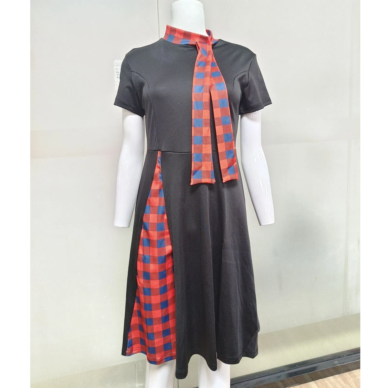 DressBetty - Plaid Patchwork Bow Collar Zipper Short Sleeve Vintage Christmas Costume Retro Office Party Midi Dress