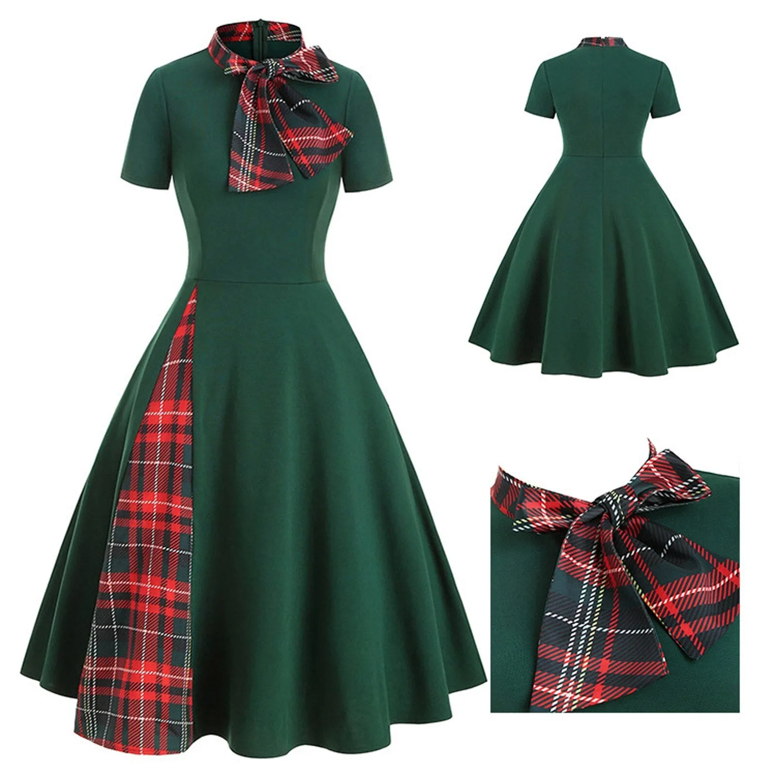 DressBetty - Plaid Patchwork Bow Collar Zipper Short Sleeve Vintage Christmas Costume Retro Office Party Midi Dress