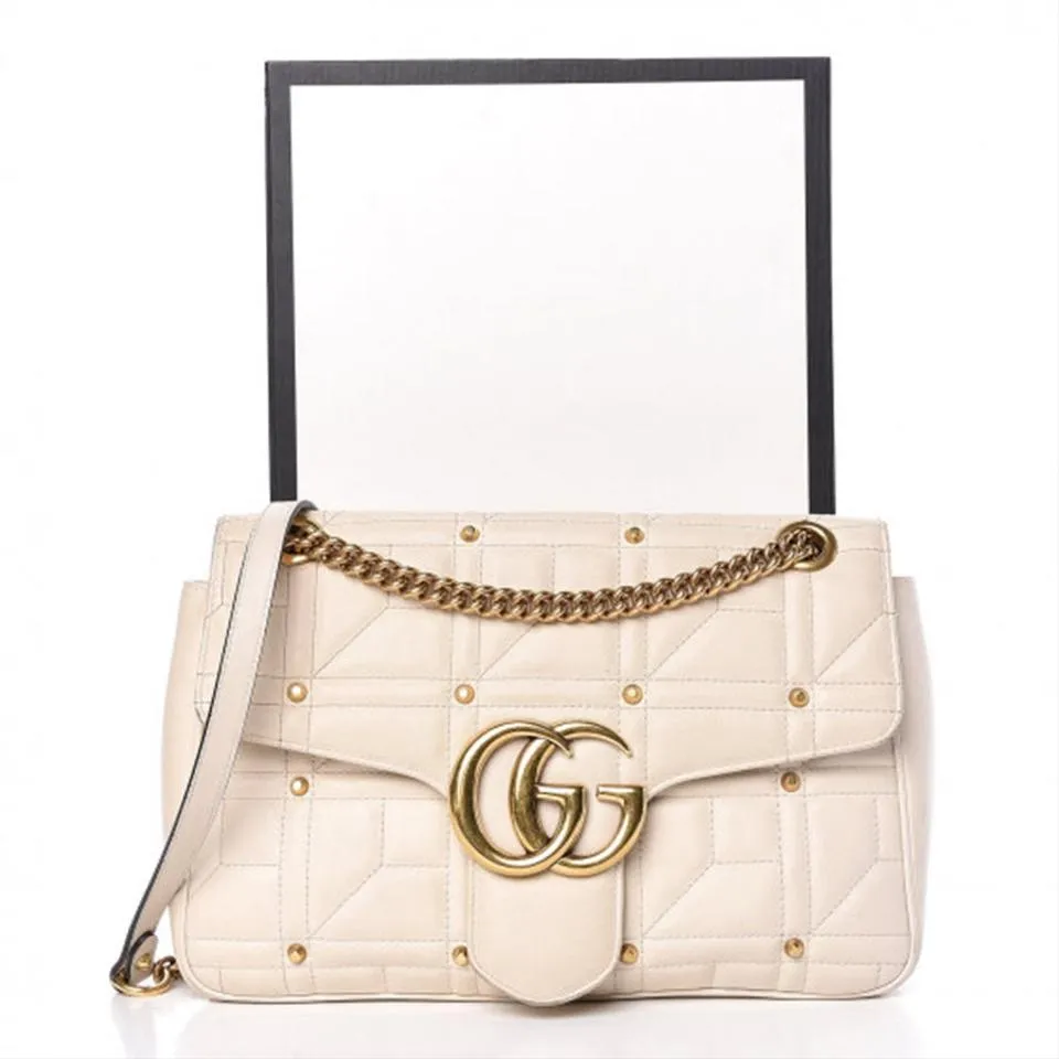 Gucci Marmont Calfskin Matelasse Studded Gg White Shoulder Bag