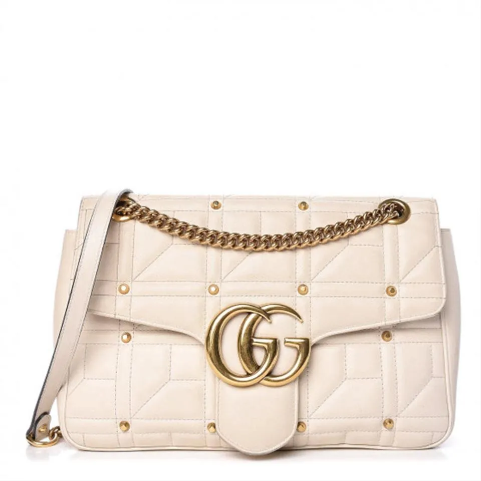 Gucci Marmont Calfskin Matelasse Studded Gg White Shoulder Bag