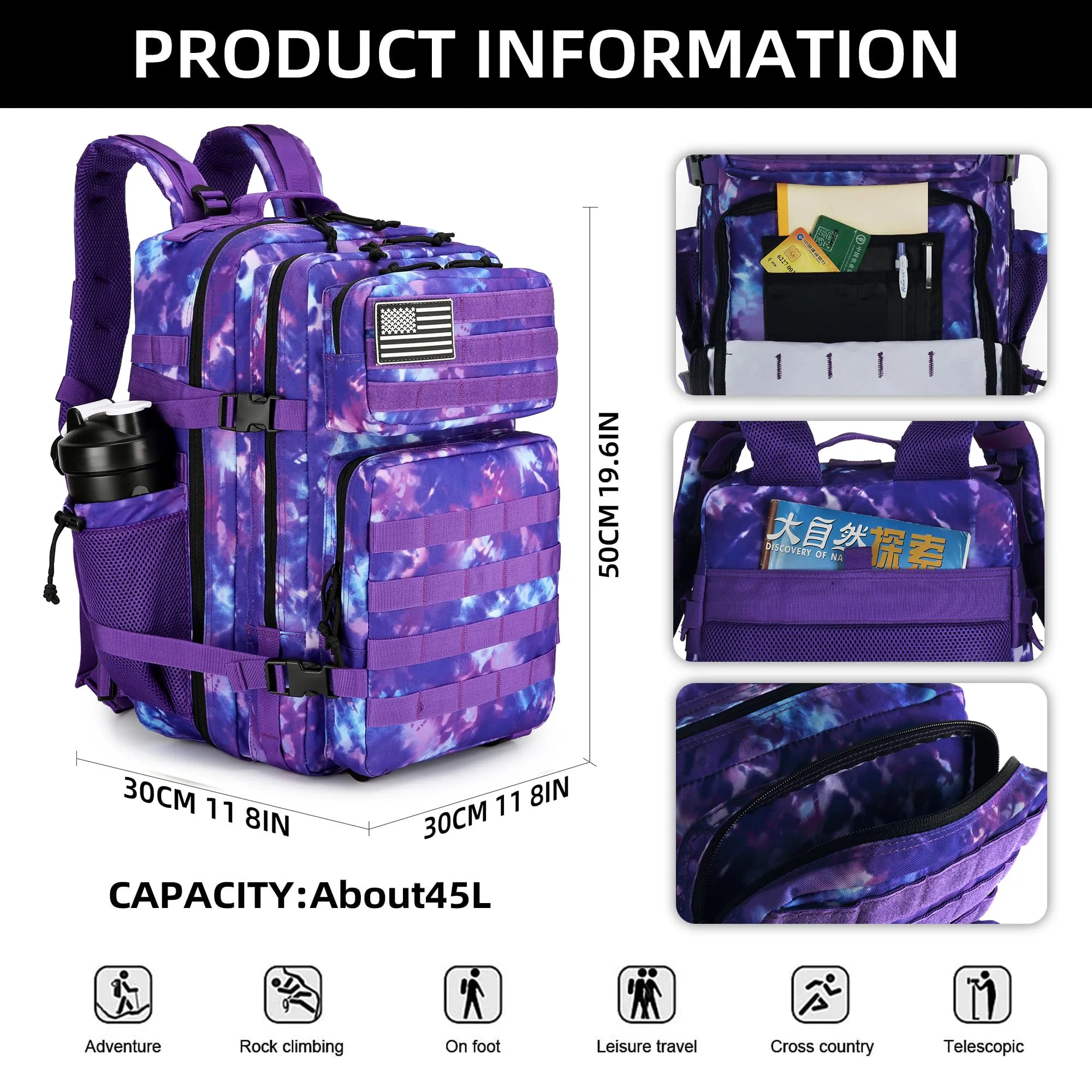 Lovelinks21 45L Tactical Assault Backpack 3 day assault pack with Molle Waterproof backpack Rucksack for Tactical Backpacks (Purple Camo)