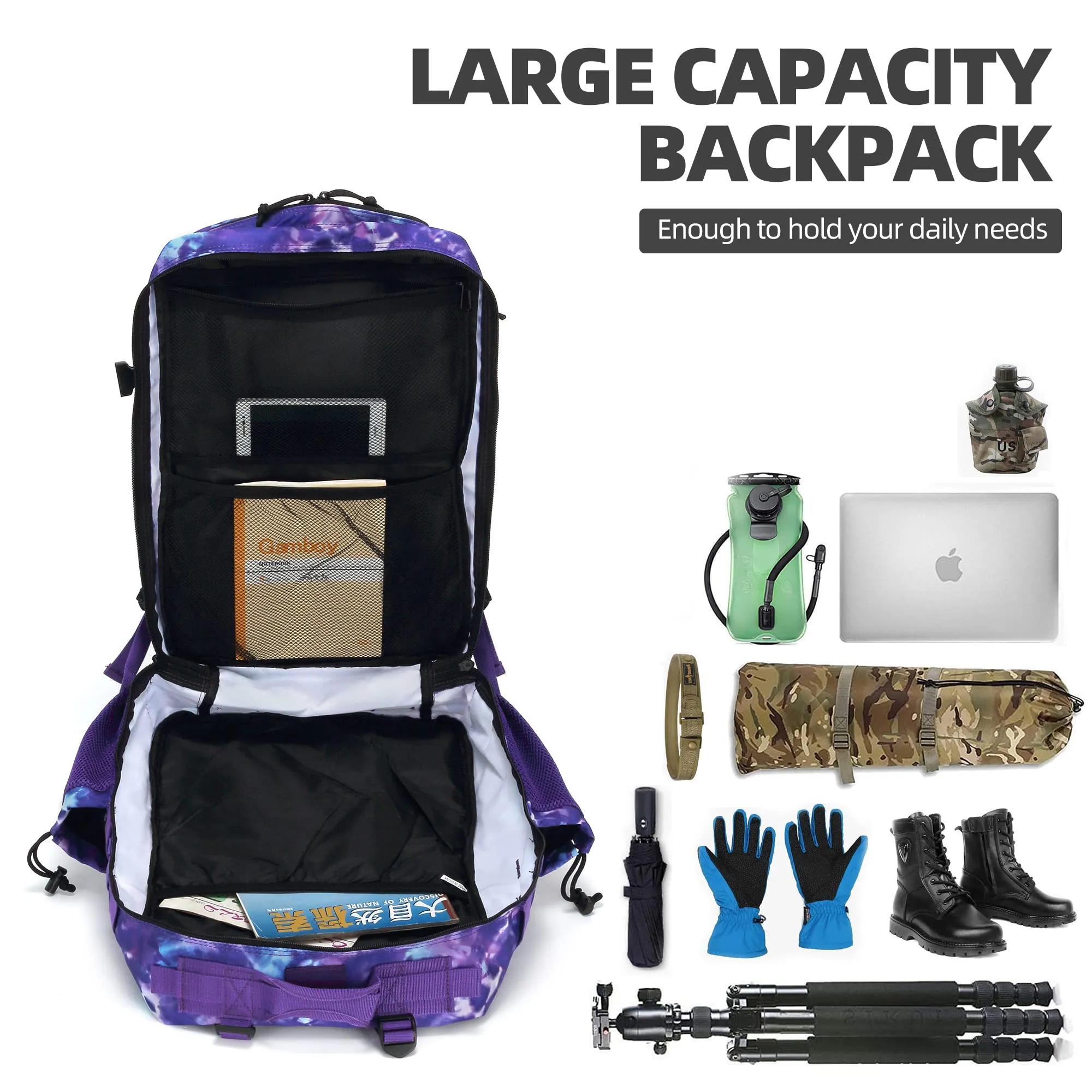 Lovelinks21 45L Tactical Assault Backpack 3 day assault pack with Molle Waterproof backpack Rucksack for Tactical Backpacks (Purple Camo)