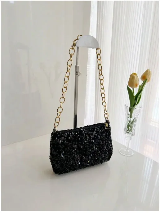 Metallic Chain Strap Sequin Shoulder Bag