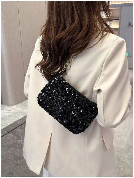 Metallic Chain Strap Sequin Shoulder Bag