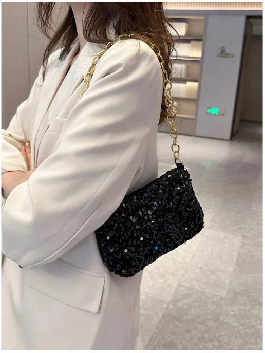 Metallic Chain Strap Sequin Shoulder Bag