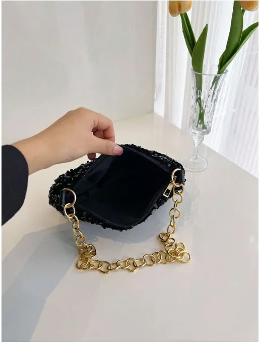 Metallic Chain Strap Sequin Shoulder Bag