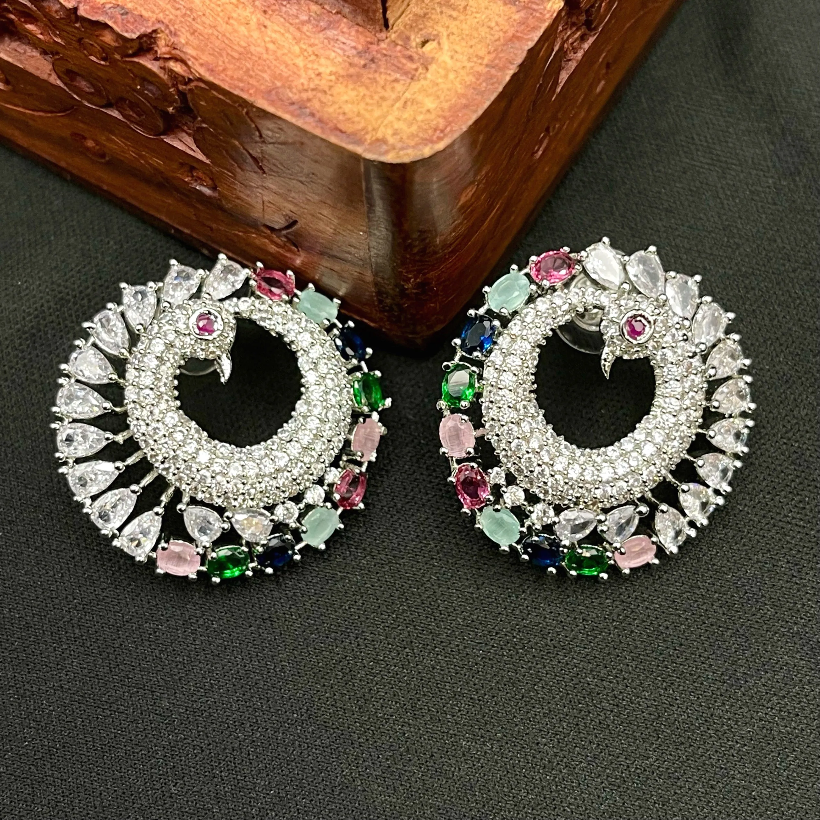 Multicolor Peacock AD Zircon White Gold Rhodium Finish Earring