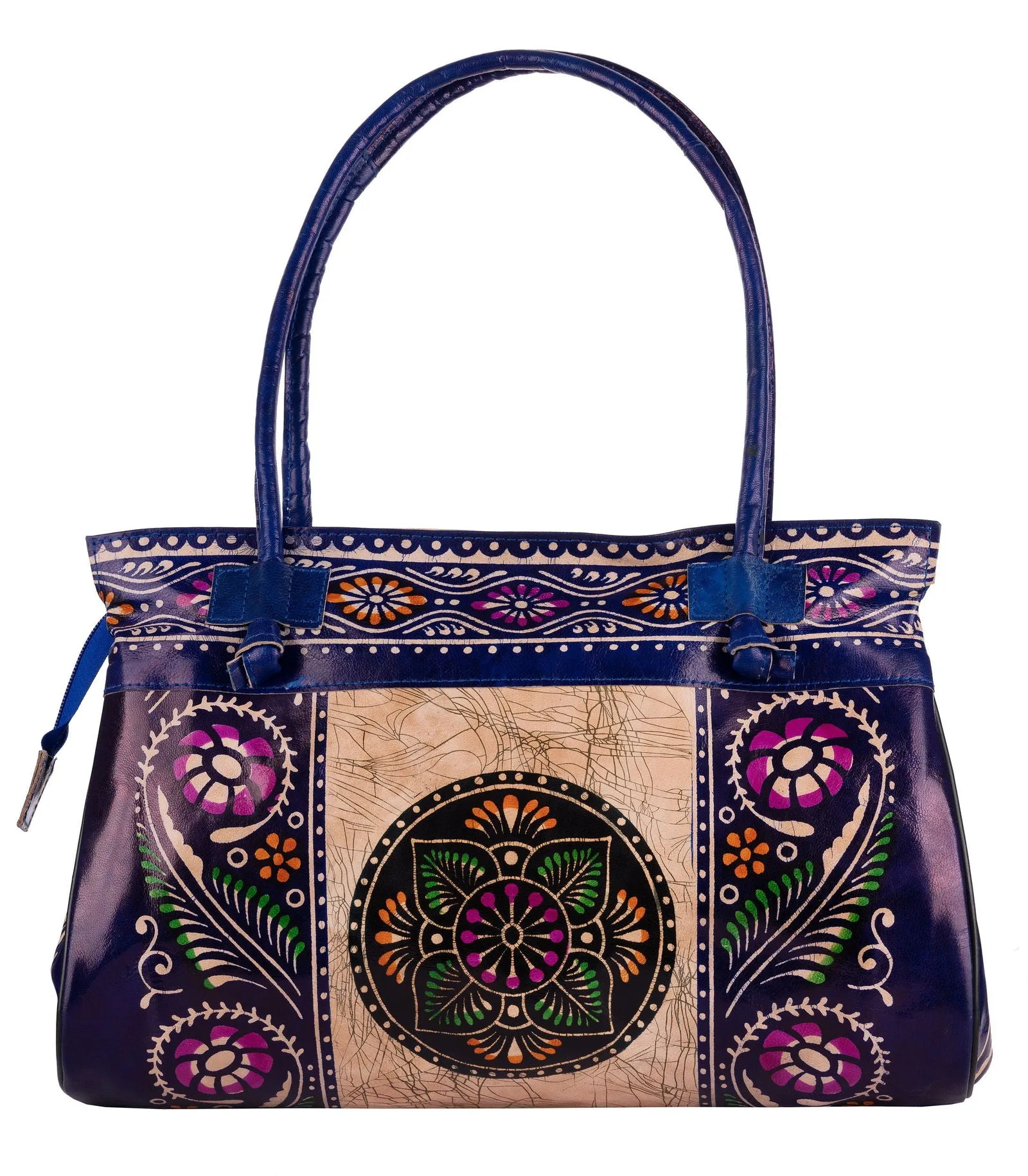 Shantiniketan Blue Leather Handbag for Women, Handcrafted in India, 15x12 Inches