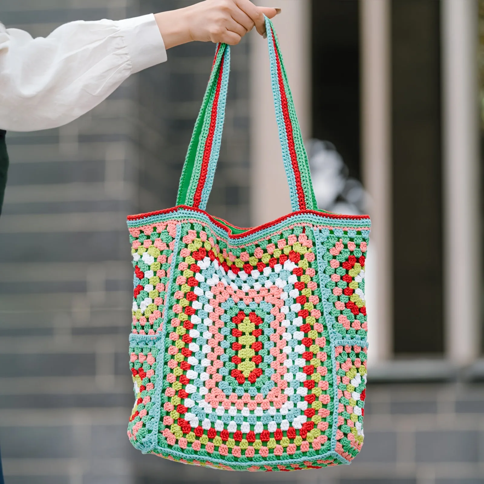 Vibrant Bohemian Chic Crochet Tote Bag - Handcrafted, Fashion-Forward Ethnic Style - Perfect for Womens Travel Adventures, Versatile & Lightweight