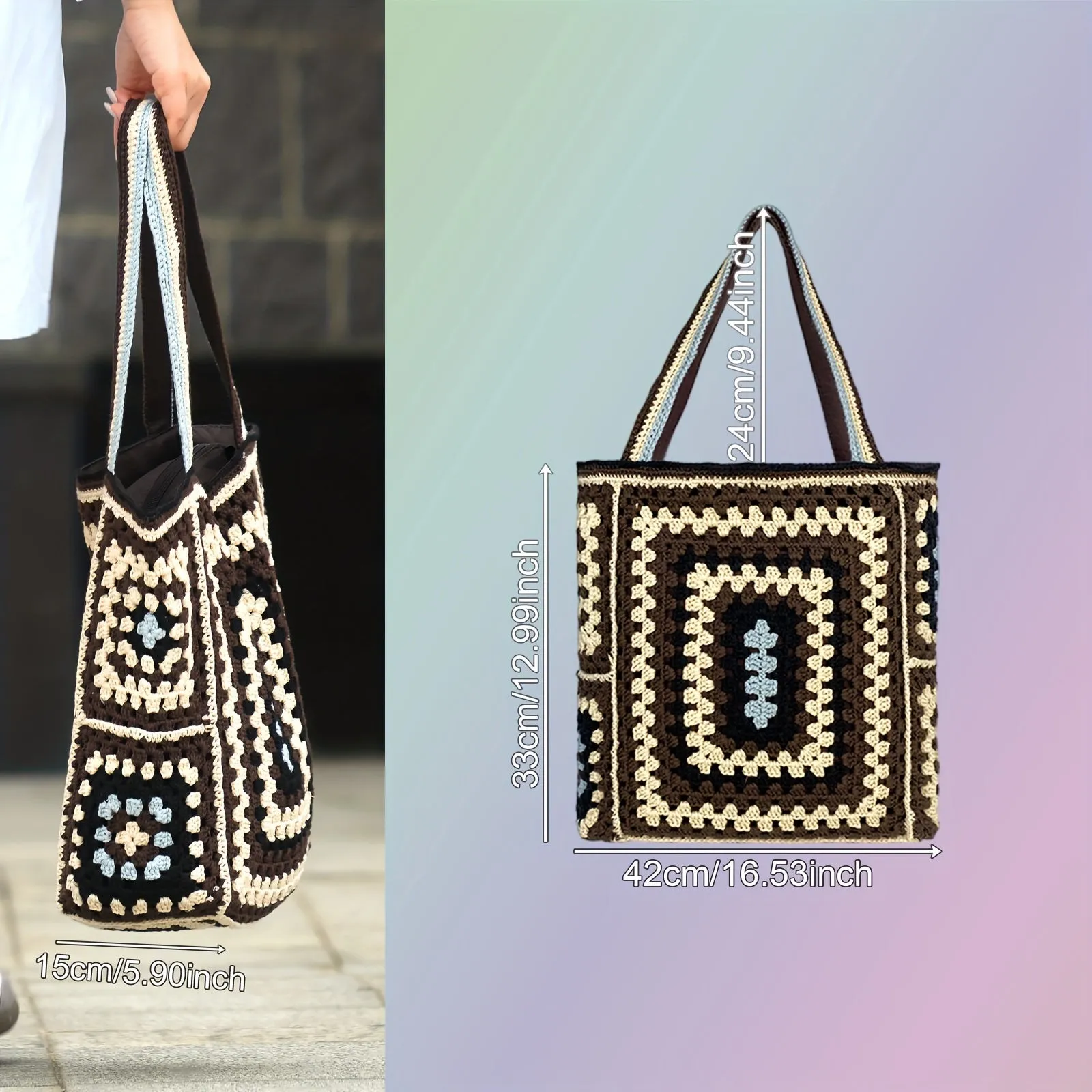 Vibrant Bohemian Chic Crochet Tote Bag - Handcrafted, Fashion-Forward Ethnic Style - Perfect for Womens Travel Adventures, Versatile & Lightweight